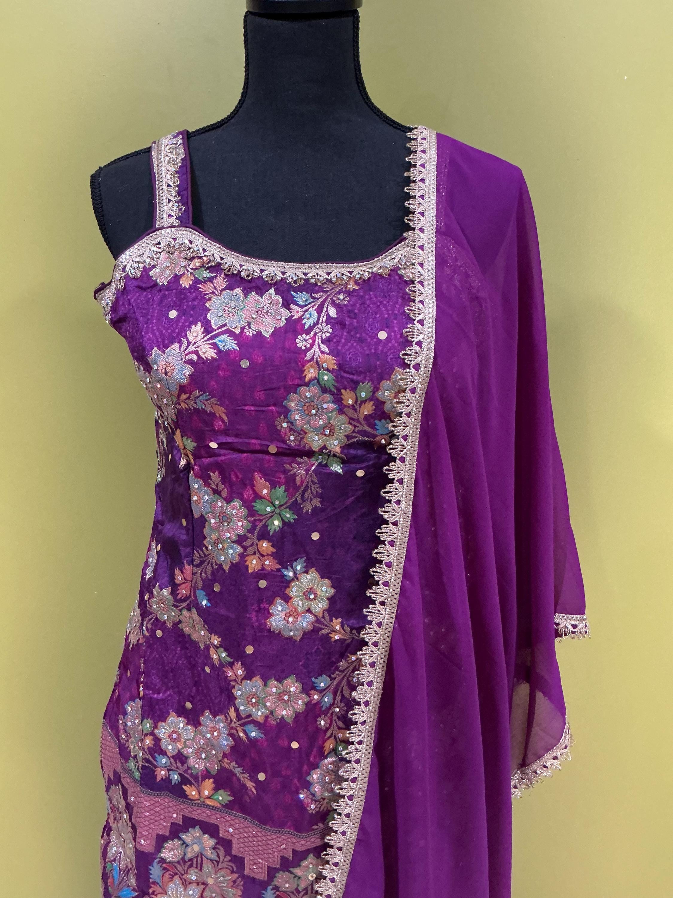 Purple Brocade Sharara Set - 3-Piece Indian Floral Embroidered Outfit with Dupatta