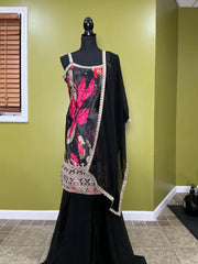 Black Floral Print Sharara Set - 3-Piece Indian Outfit with Beaded Border Dupatta