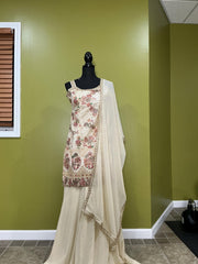 Off-White Brocade Sharara Set - 3-Piece Indian Floral Embroidered Outfit with Dupatta