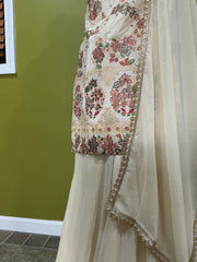 Off-White Brocade Sharara Set - 3-Piece Indian Floral Embroidered Outfit with Dupatta