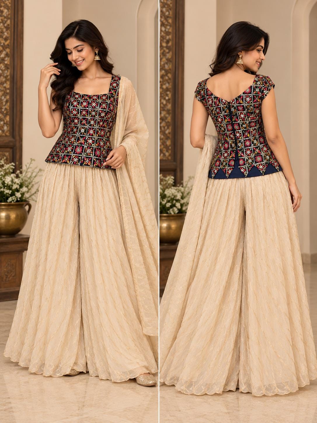 Navy Blue Mirror Work Peplum Top - 3-Piece Indian Sharara Palazzo Set with Dupatta