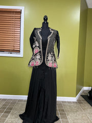 Black 3-Piece Sharara Set - Indian Embroidered Long-Sleeve Coat Outfit