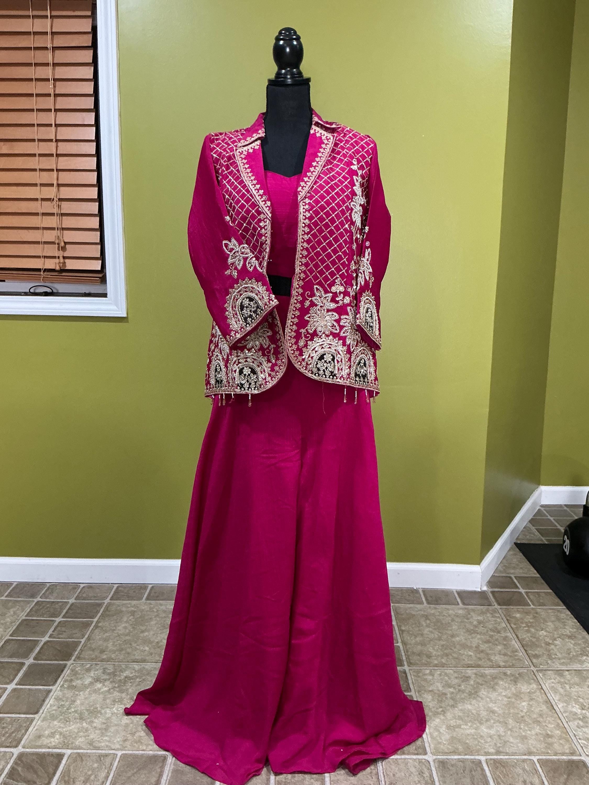 Pink 3-Piece Sharara Set - Indian Embroidered Long-Sleeve Coat Outfit