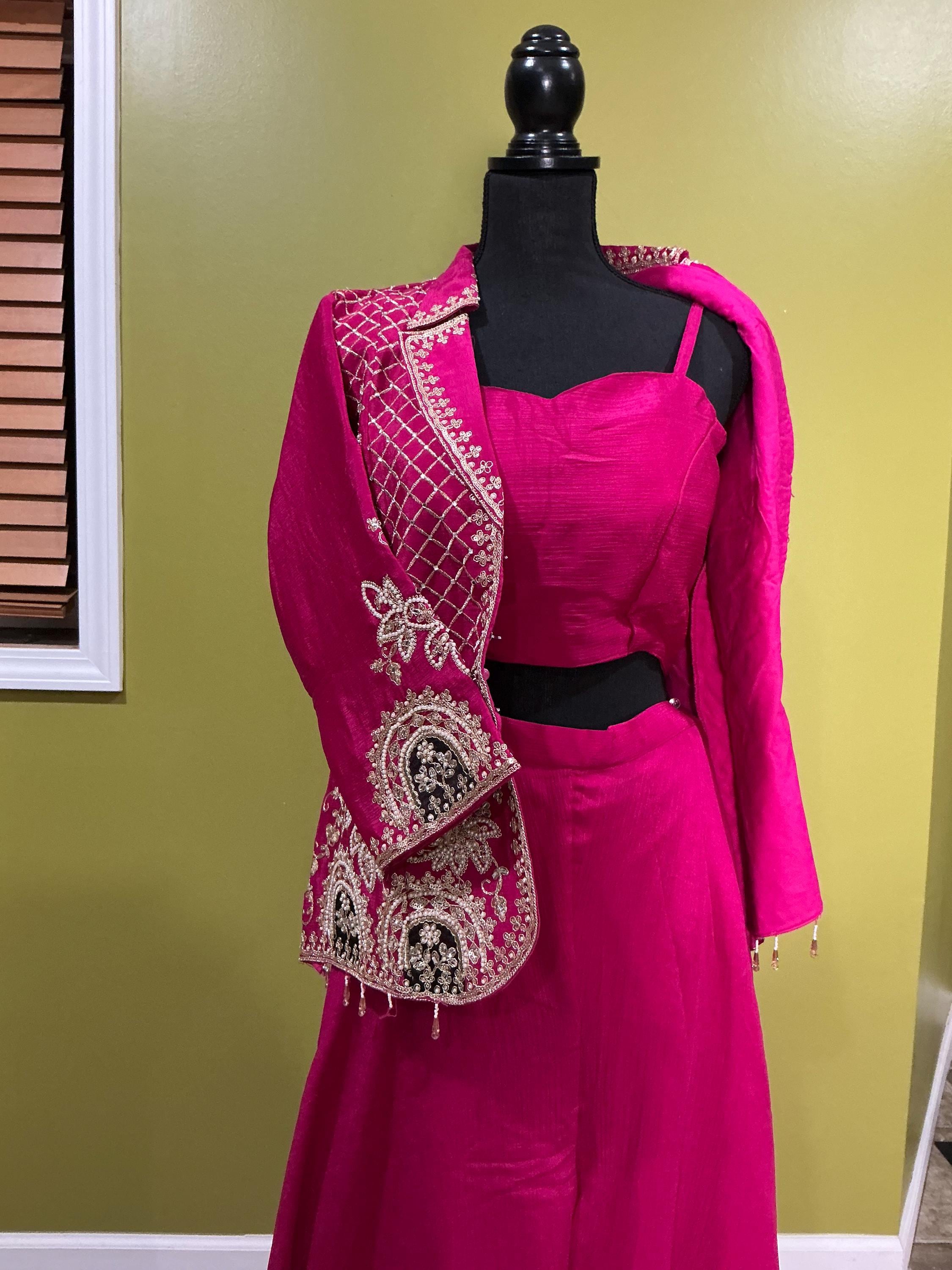 Pink 3-Piece Sharara Set - Indian Embroidered Long-Sleeve Coat Outfit