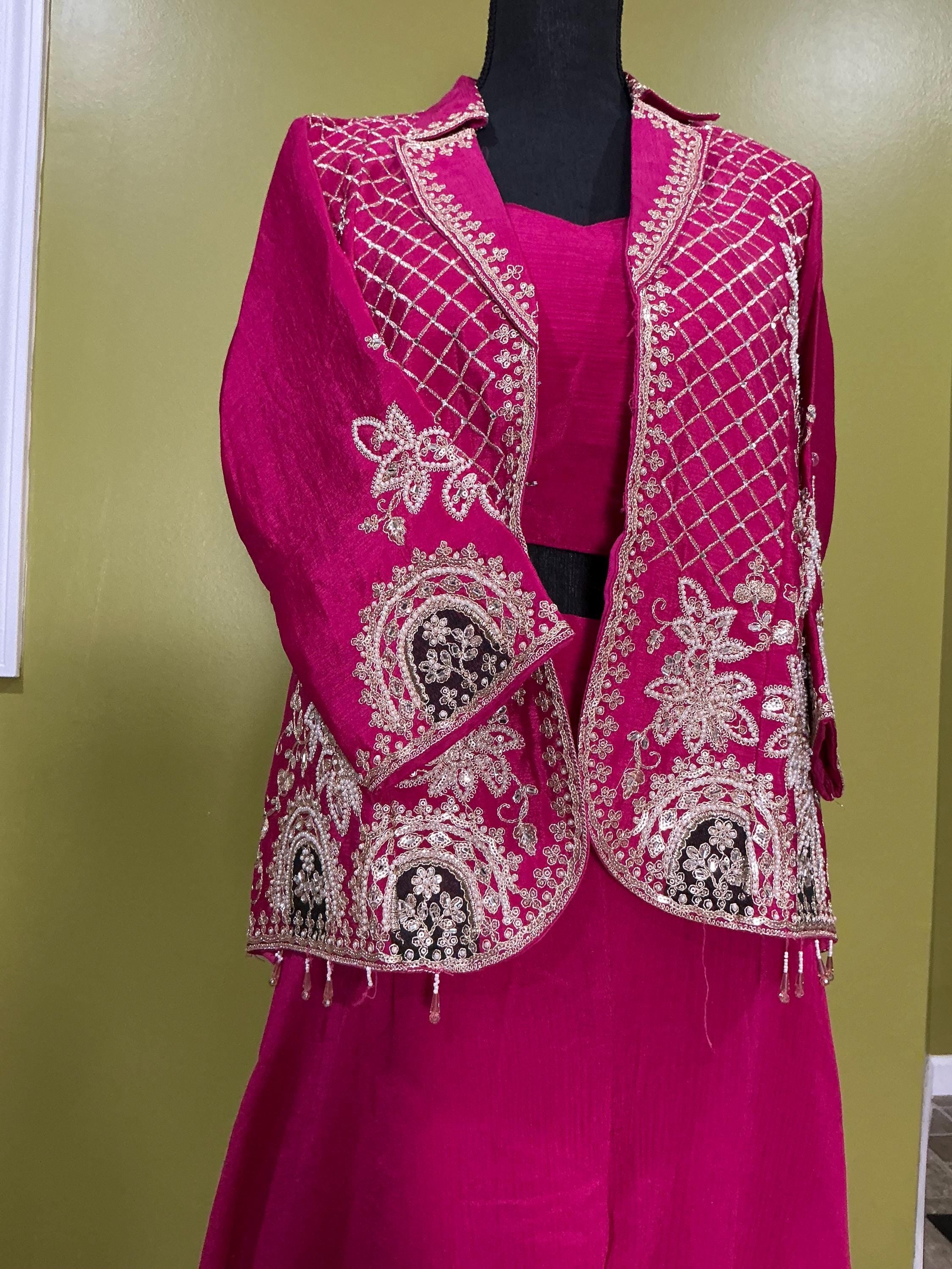 Pink 3-Piece Sharara Set - Indian Embroidered Long-Sleeve Coat Outfit