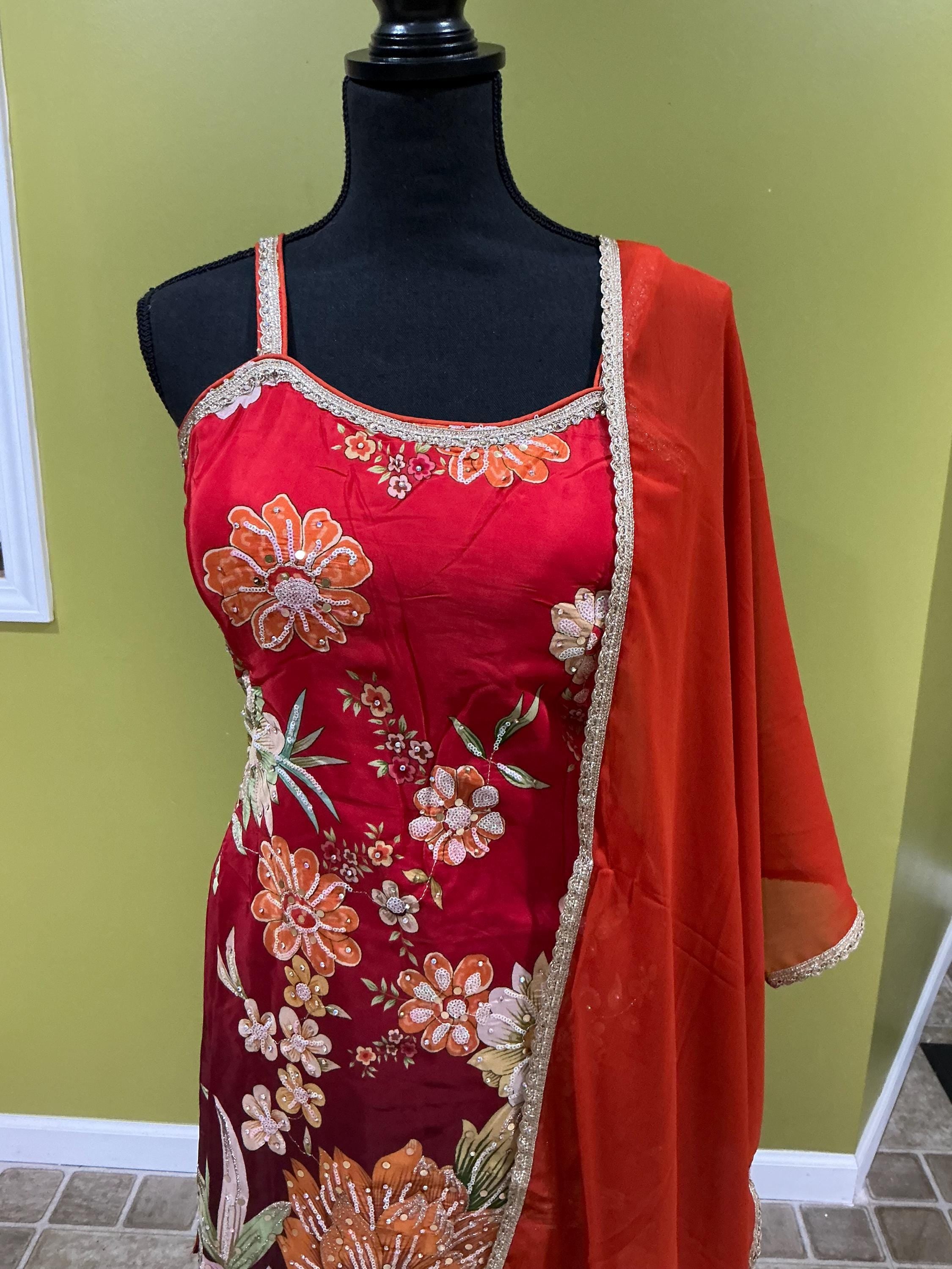 Red Maroon Ombre Sharara Set - 3-Piece Indian Floral Outfit with Rust Orange Dupatta