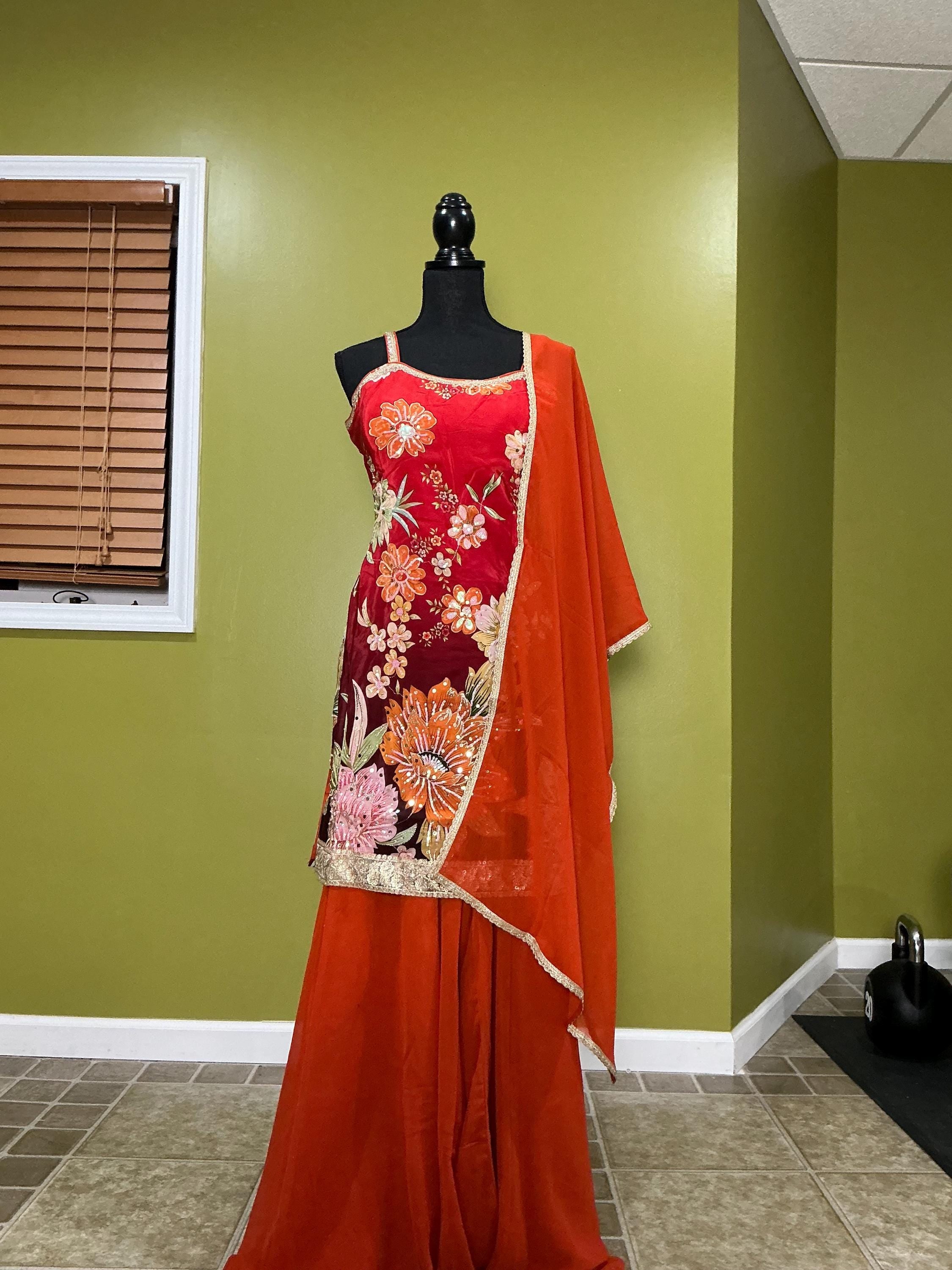Red Maroon Ombre Sharara Set - 3-Piece Indian Floral Outfit with Rust Orange Dupatta