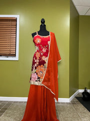 Red Maroon Ombre Sharara Set - 3-Piece Indian Floral Outfit with Rust Orange Dupatta