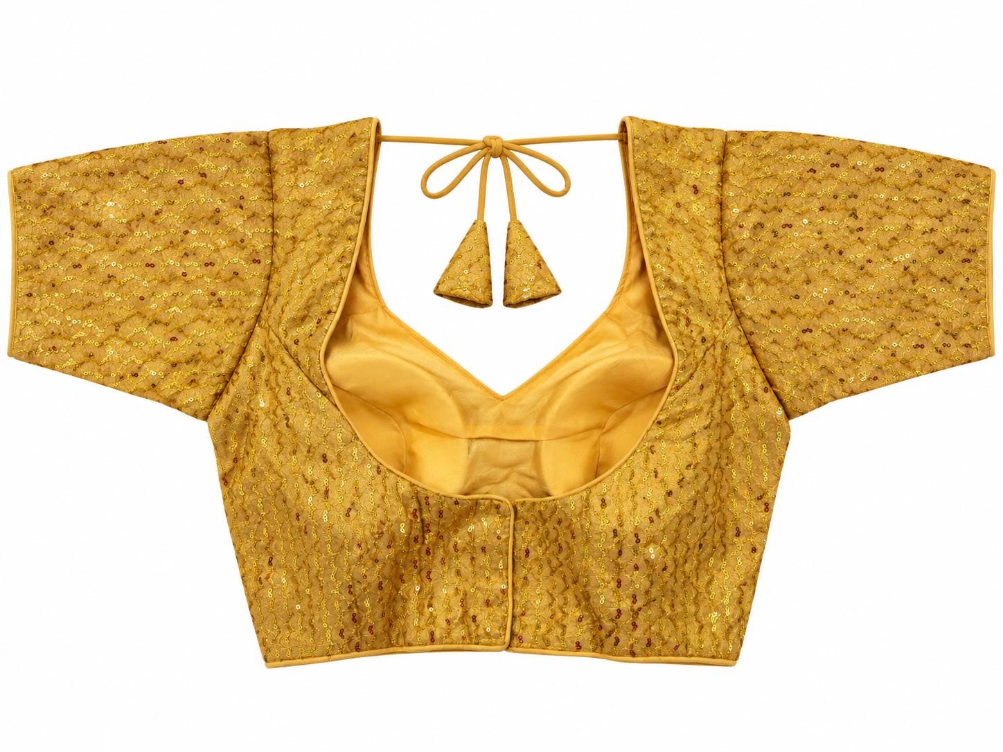 Gold Banarasi Saree Blouse - Sequin Bead Embroidered Tie-Back Top (Bust 38-42)