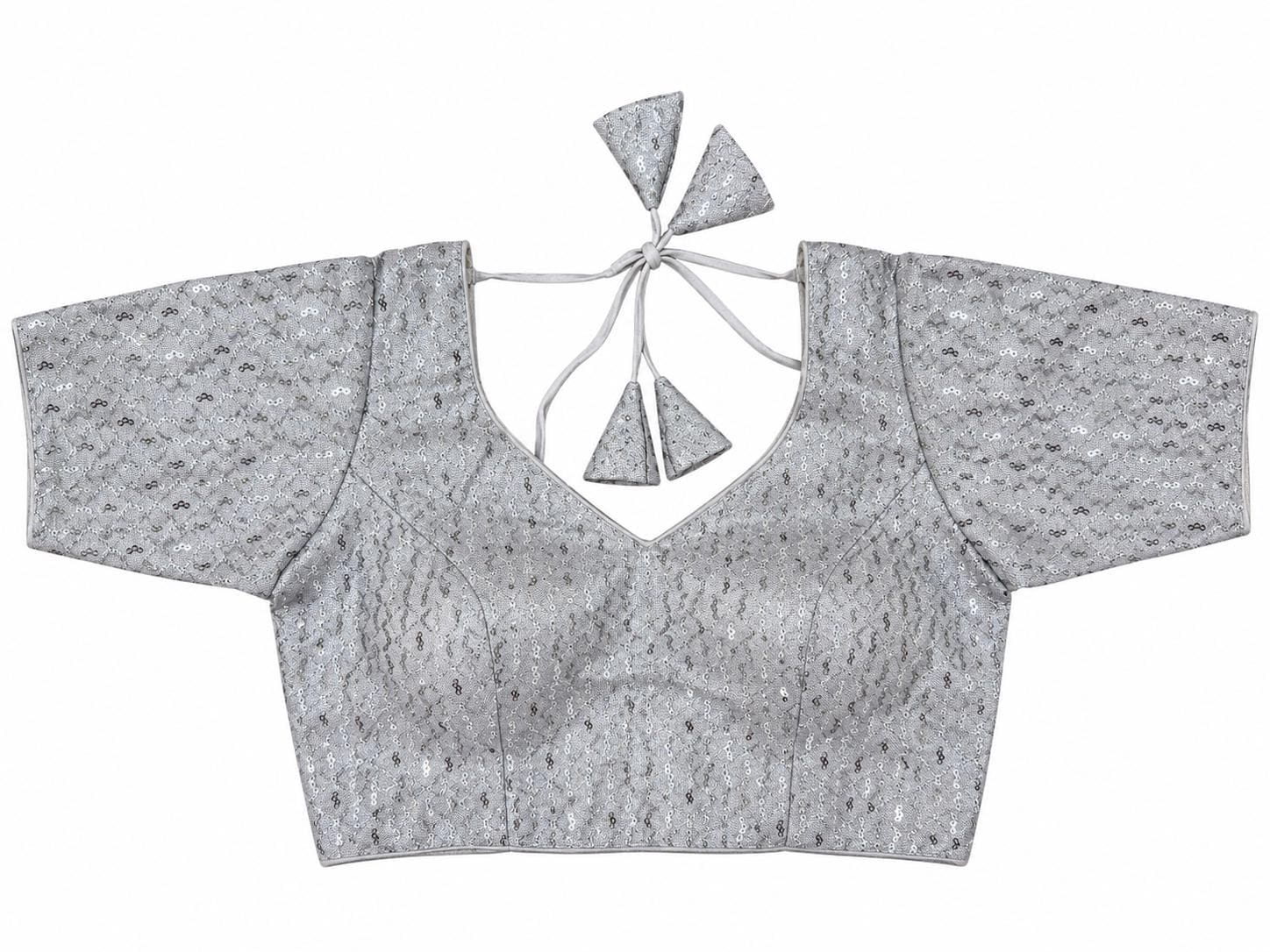 Silver Banarasi Saree Blouse - Sequin Diamond Embroidered Tie-Back Top (Bust 38-42)