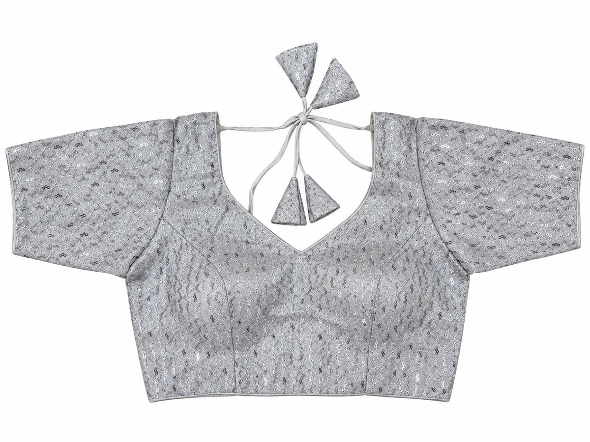 Silver Banarasi Saree Blouse - Sequin Diamond Embroidered Tie-Back Top (Bust 38-42)