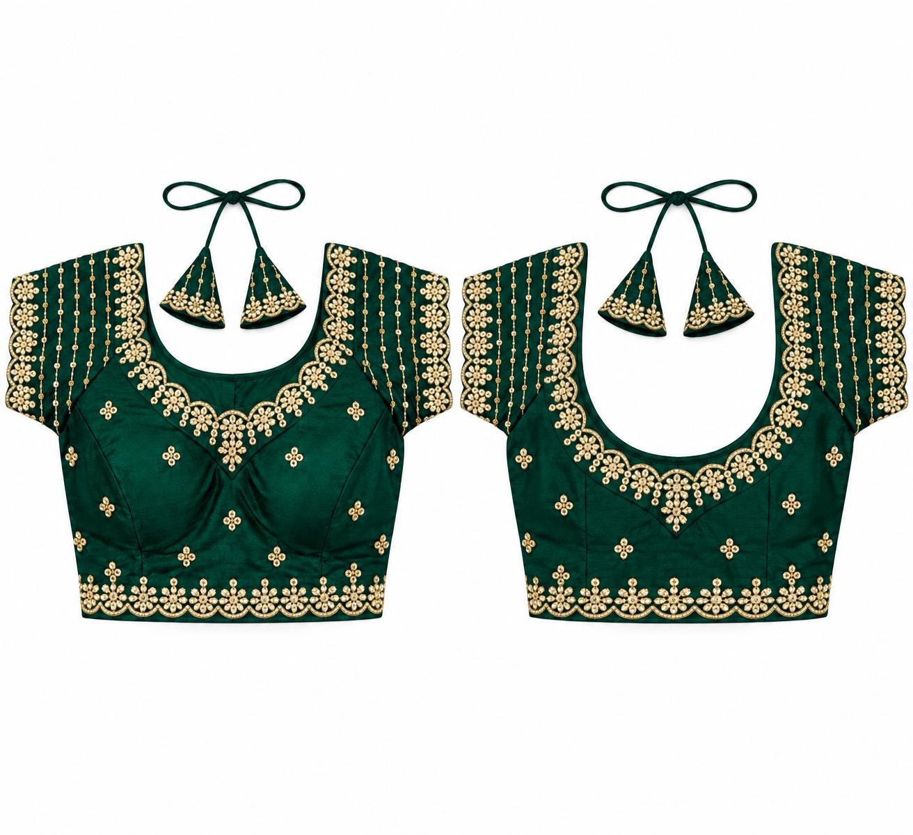 Green Satin Silk Saree Blouse - Kundan Pearl Embroidered Tie-Back Top (Bust 38-42)