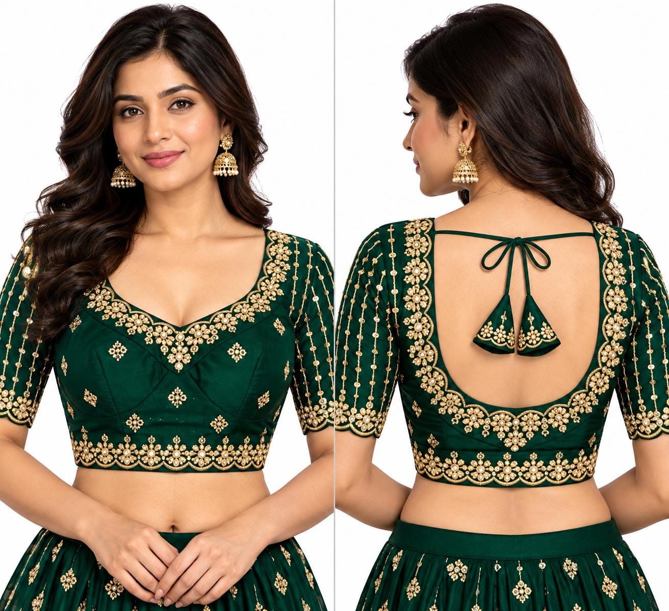 Green Satin Silk Saree Blouse - Kundan Pearl Embroidered Tie-Back Top (Bust 38-42)