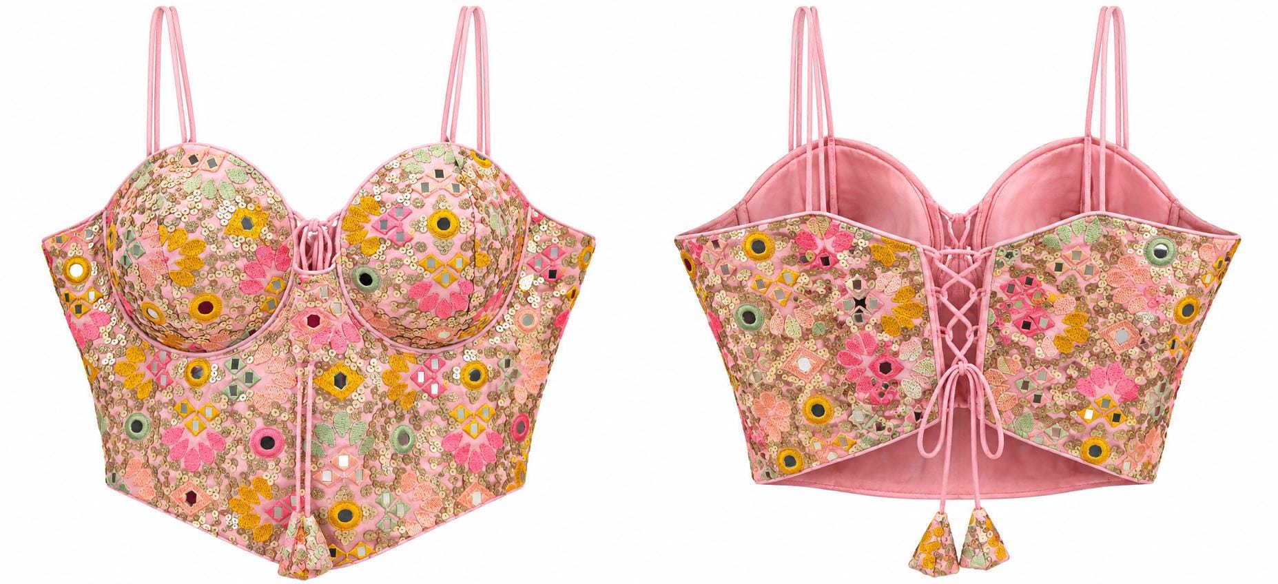 Baby Pink Crop Top - Savyasachi Style Mirror Work Sequin Embroidered Blouse (Bust 36-40)