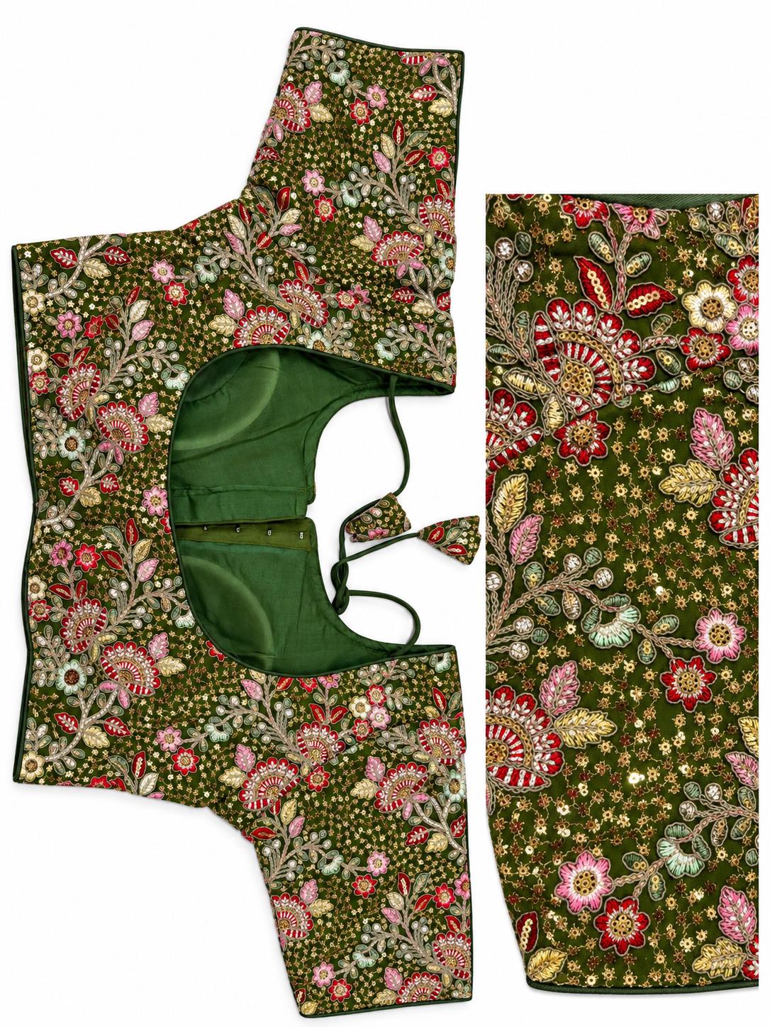 Olive Green Saree Blouse - Savyasachi Style Floral Embroidered Tie-Back Top (Bust 38-42)