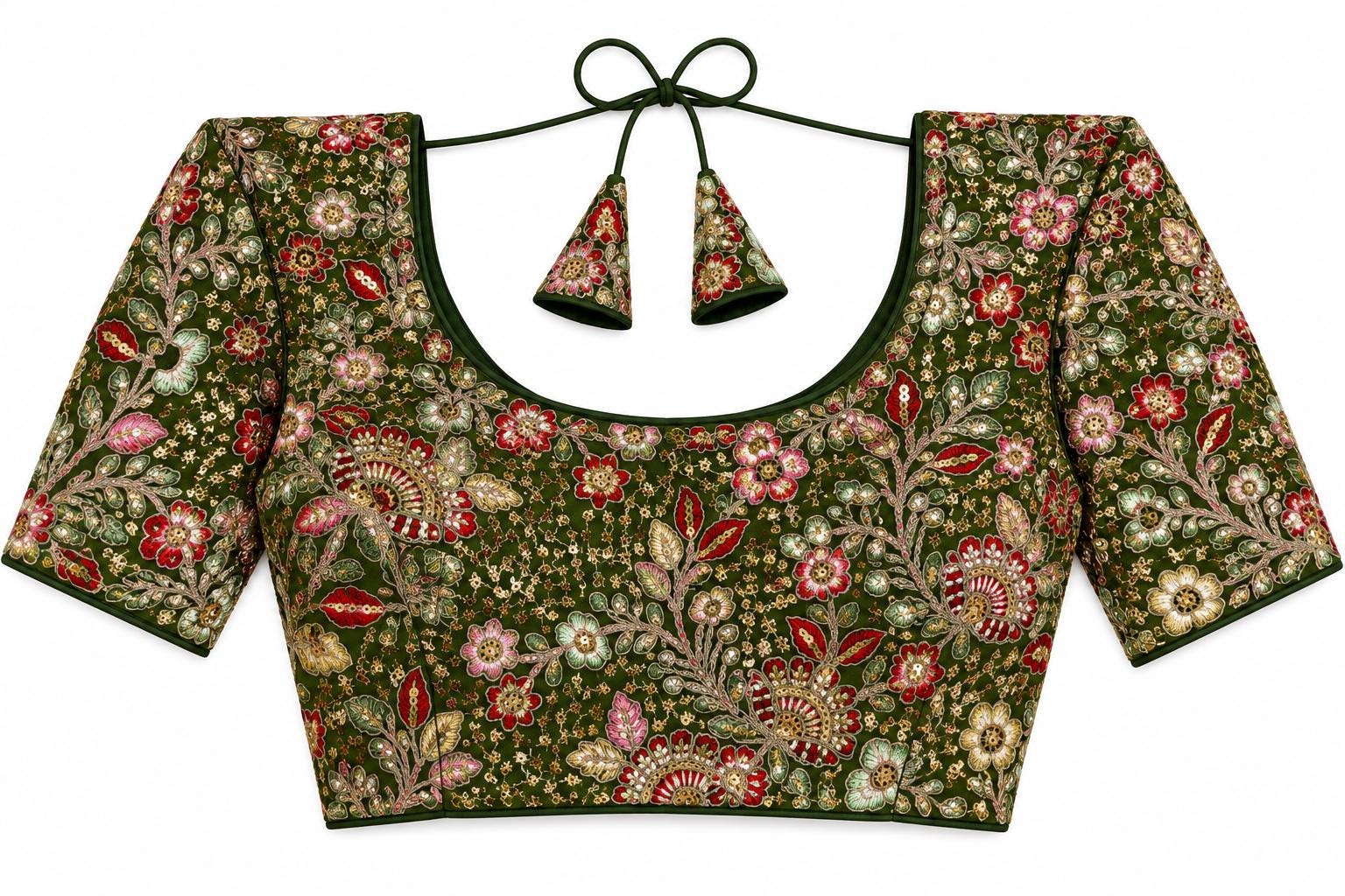 Olive Green Saree Blouse - Savyasachi Style Floral Embroidered Tie-Back Top (Bust 38-42)
