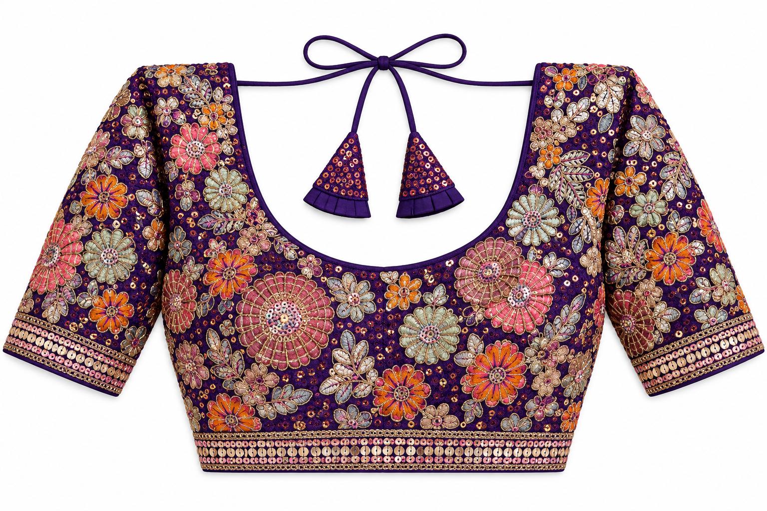 Deep Purple Saree Blouse - Savyasachi Style Floral Embroidered Tie-Back Top (Bust 38-42)