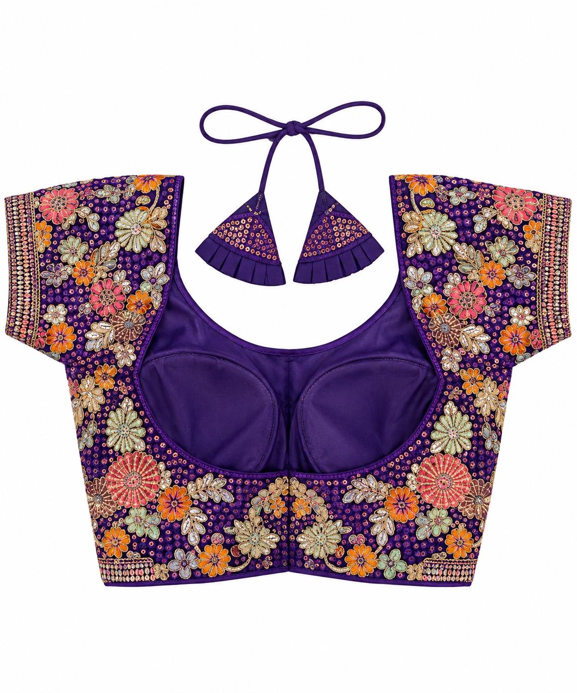 Deep Purple Saree Blouse - Savyasachi Style Vine Embroidered Scoop Neck Top (Bust 38-42)