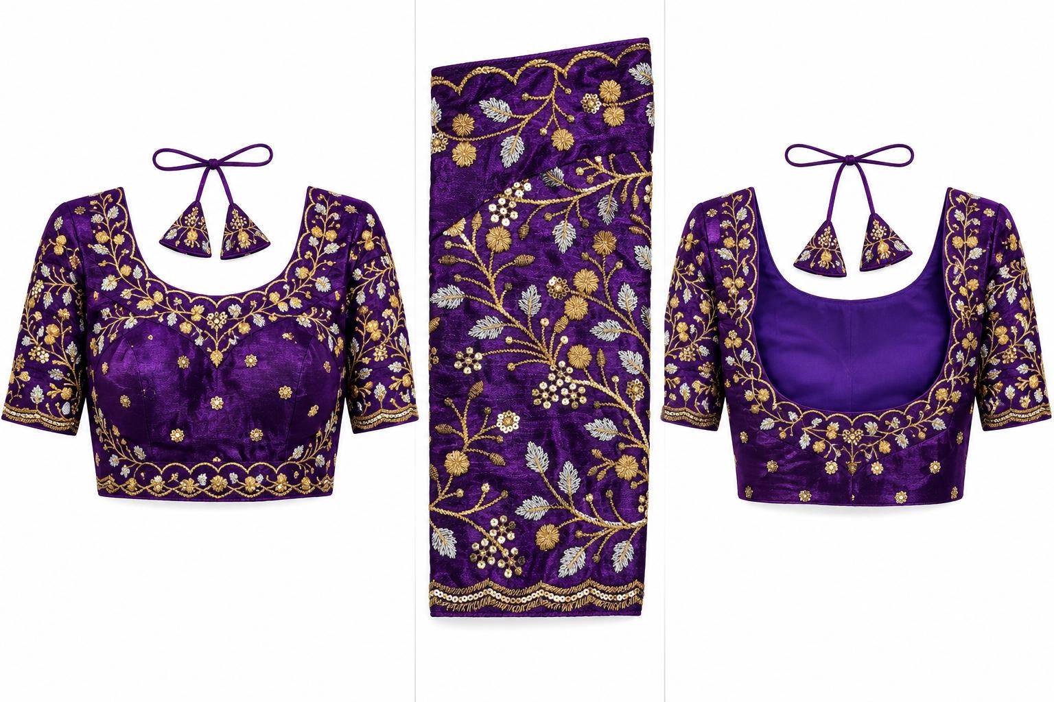 Deep Purple Saree Blouse - Savyasachi Style Vine Embroidered Scoop Neck Top (Bust 38-42)