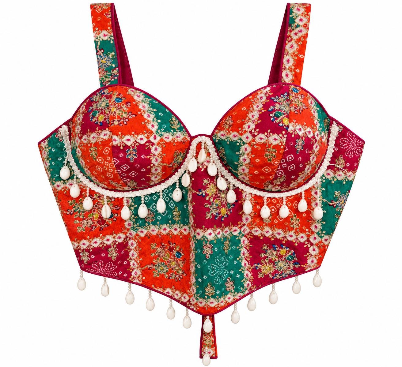 Orange Halter Crop Top - Savyasachi Style Bandhani Print Blouse with Pearl Fringe (Bust 36-40)