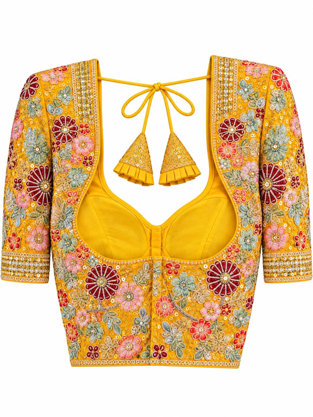 Mustard Yellow Saree Blouse - Savyasachi Style Floral Embroidered Tie-Back Top (Bust 38-42)