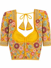 Mustard Yellow Saree Blouse - Savyasachi Style Floral Embroidered Tie-Back Top (Bust 38-42)