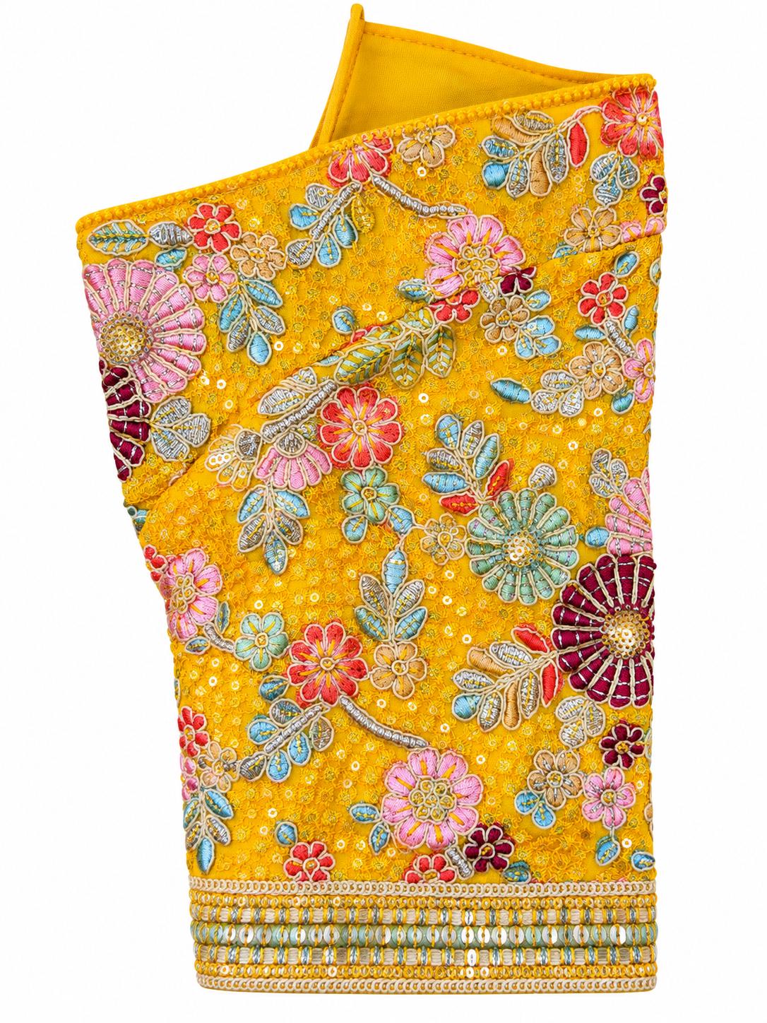 Mustard Yellow Saree Blouse - Savyasachi Style Floral Embroidered Tie-Back Top (Bust 38-42)