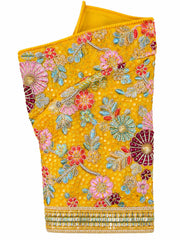 Mustard Yellow Saree Blouse - Savyasachi Style Floral Embroidered Tie-Back Top (Bust 38-42)