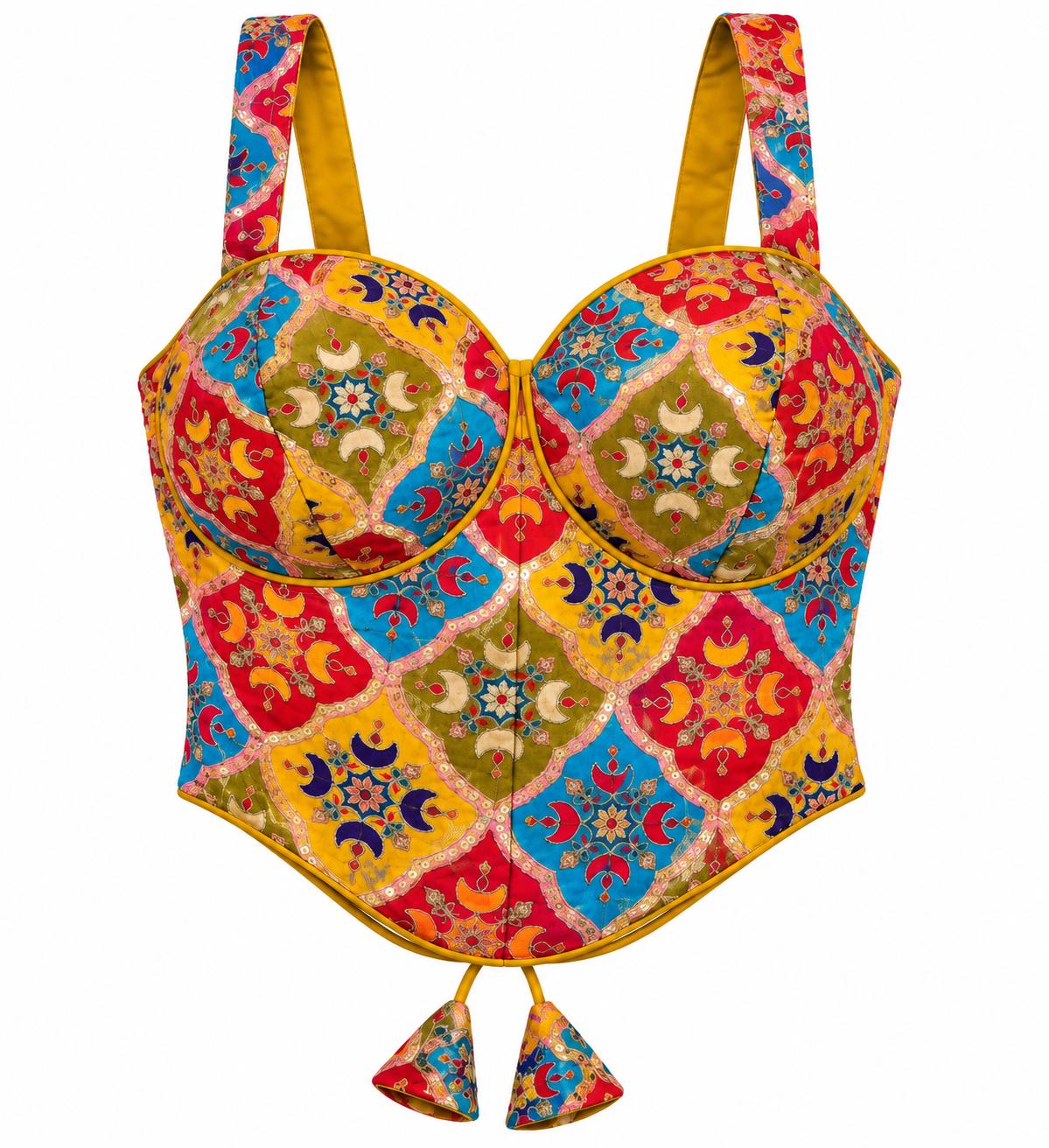 Mustard Yellow Halter Crop Top - Savyasachi Style Indian Blouse with Moroccan Tile Print (Bust 36-40)