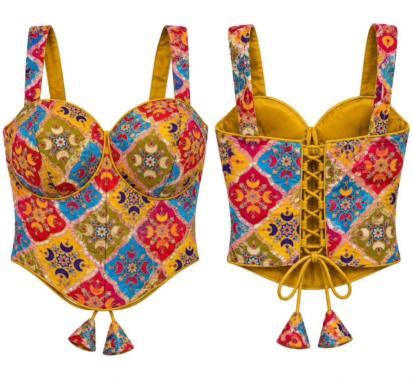 Mustard Yellow Halter Crop Top - Savyasachi Style Indian Blouse with Moroccan Tile Print (Bust 36-40)