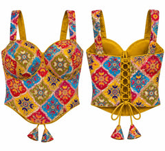 Mustard Yellow Halter Crop Top - Savyasachi Style Indian Blouse with Moroccan Tile Print (Bust 36-40)