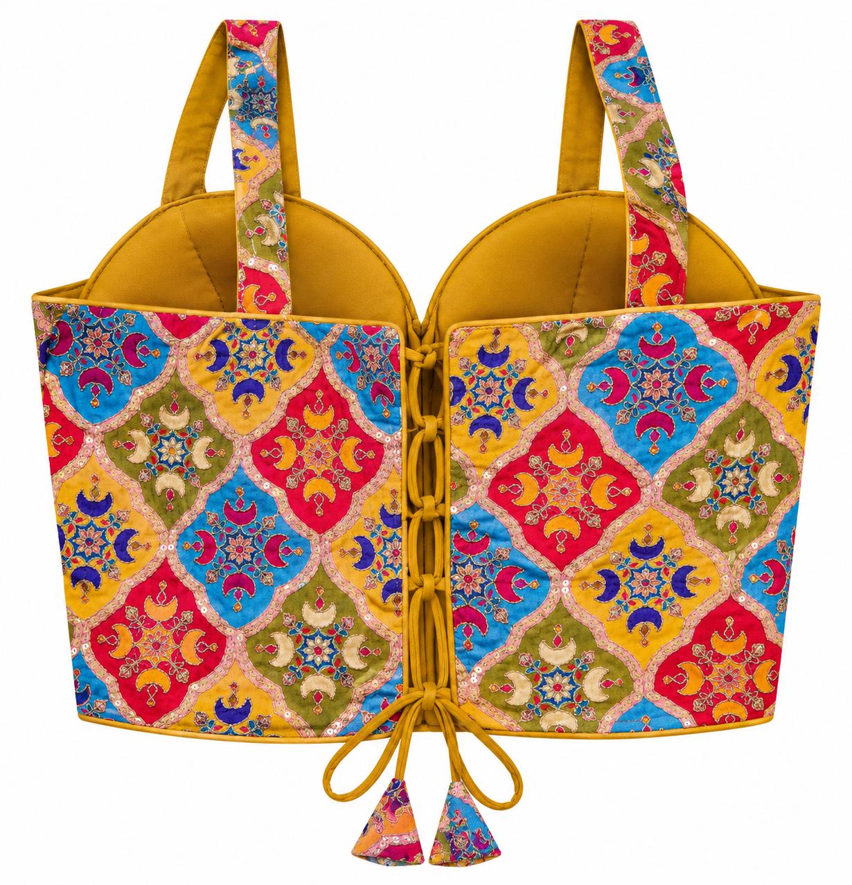 Mustard Yellow Halter Crop Top - Savyasachi Style Indian Blouse with Moroccan Tile Print (Bust 36-40)