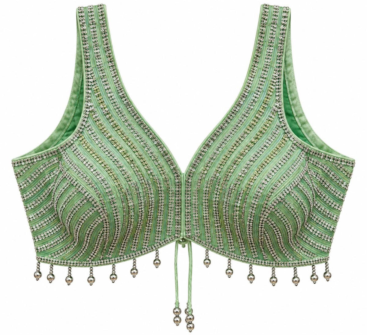 Pastel Green Beaded Crop Top - Indian Designer Blouse with Stone Embroidery, V-Neck (Bust 36-40)