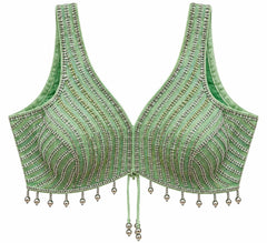 Pastel Green Beaded Crop Top - Indian Designer Blouse with Stone Embroidery, V-Neck (Bust 36-40)