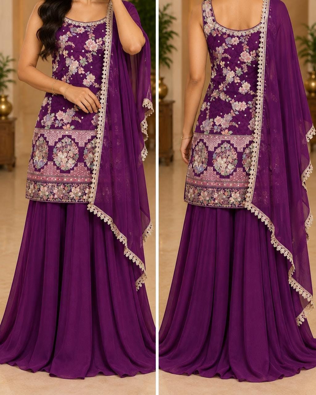 Purple Brocade Sharara Set - 3-Piece Indian Floral Embroidered Outfit with Dupatta