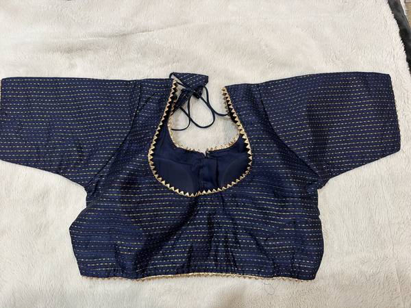 Readymade Stretchable Saree Blouse - Navy Dot Pattern with Pearl Trim, Size 36-40