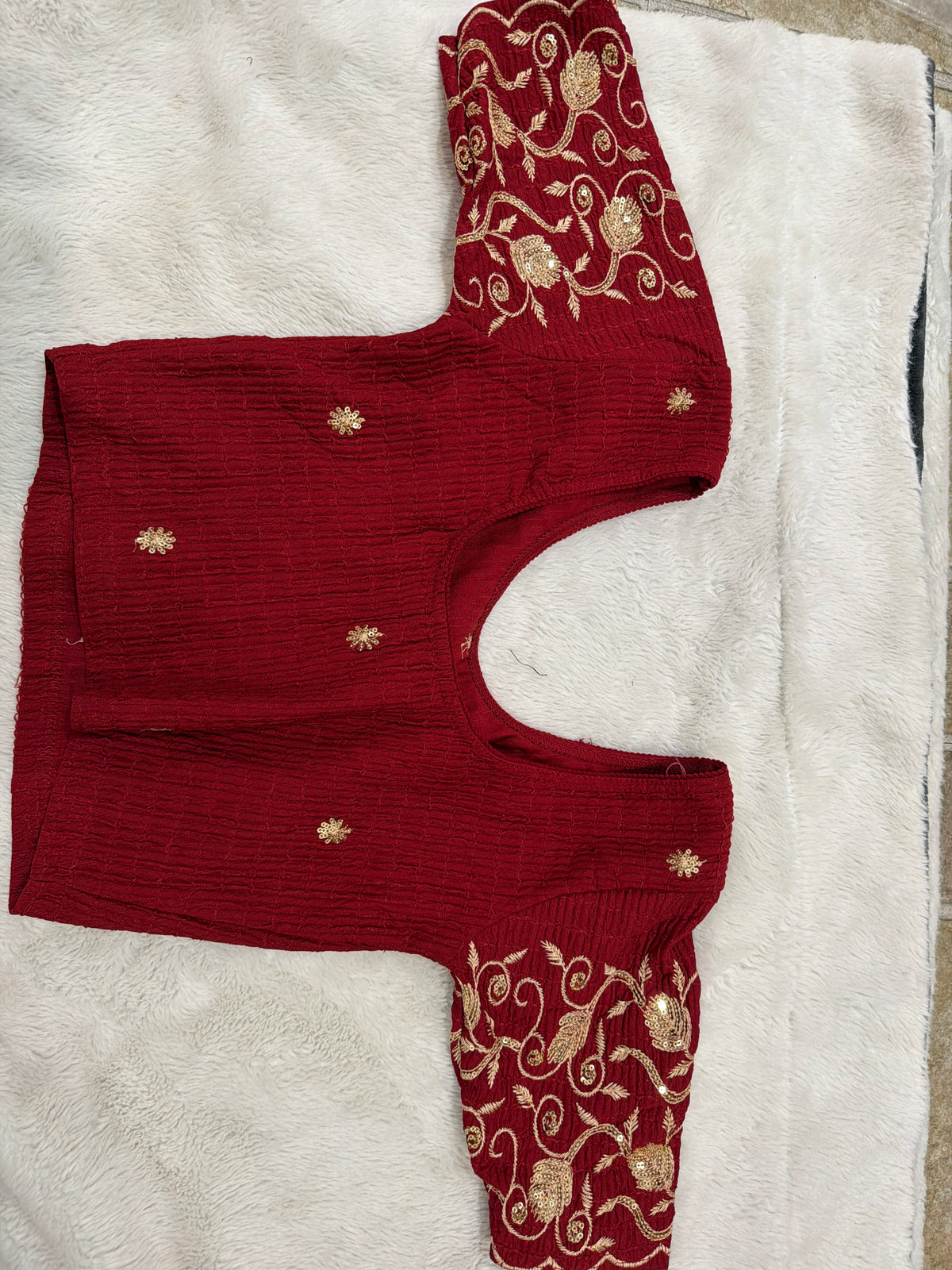 Readymade Stretchable Saree Blouse - Maroon/Red with Gold Paisley Embroidered Sleeves, Size 36-40
