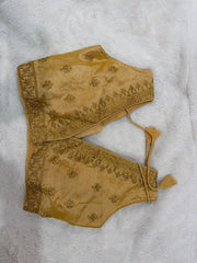 Readymade Stretchable Saree Blouse - Gold/Tan Floral Embroidered, Size 36-40