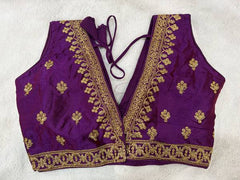 Readymade Stretchable Saree Blouse - Purple/Magenta with Gold Border, Size 36-40