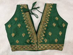 Readymade Stretchable Saree Blouse - Green with Gold Motif and Border, Size 36-40