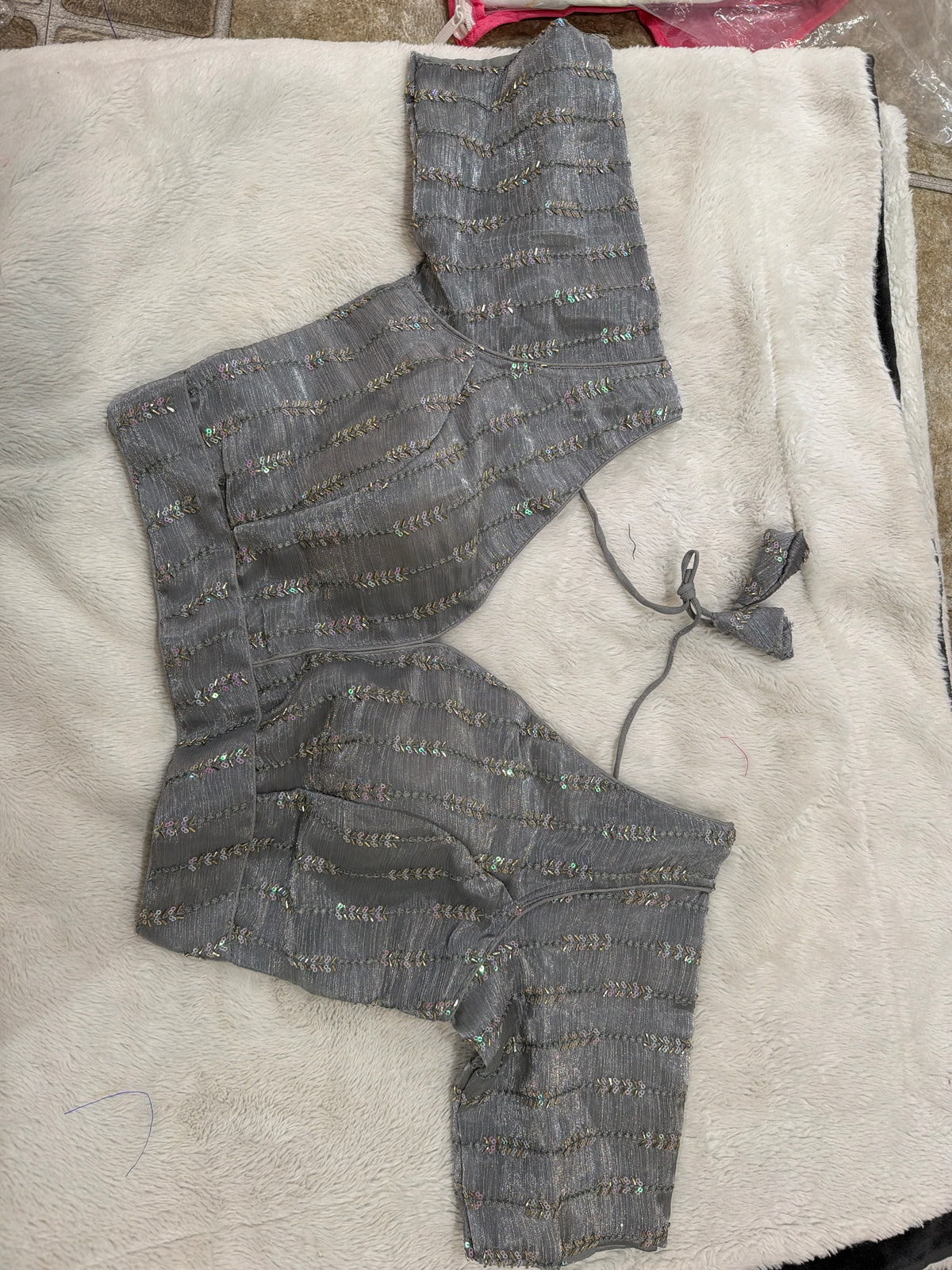 Readymade Stretchable Saree Blouse - Gray Sequin Stretch Knit, Size 36-40