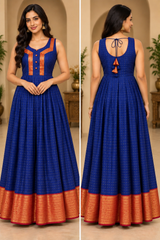Royal Blue Long Anarkali Frock Dress with Gold Border, Attachable Sleeves, Adjustable Fit Bust 30-42