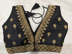 Readymade Stretchable Saree Blouse - Black with Gold Motif and Border, Size 36-40