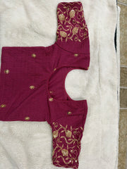 Readymade Stretchable Saree Blouse - Wine/Purple with Gold Paisley Embroidered Sleeves, Size 36-40