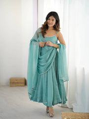 Seafoam Green & Red Sleeveless Anarkali Suit Set with Dupatta – Premium Tissue Silk Blend