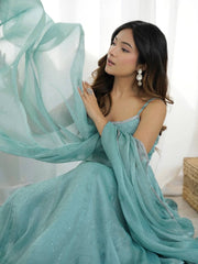 Seafoam Green & Red Sleeveless Anarkali Suit Set with Dupatta – Premium Tissue Silk Blend