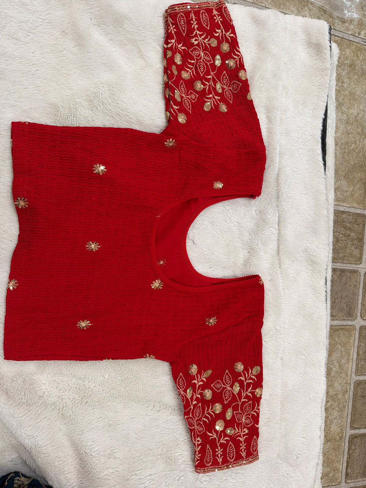 Readymade Stretchable Saree Blouse - Red with Gold Paisley Embroidered Sleeves, Size 36-40