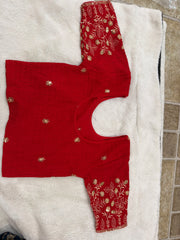 Readymade Stretchable Saree Blouse - Red with Gold Paisley Embroidered Sleeves, Size 36-40
