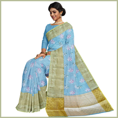 Talahi Collections Pastel Blue Floral Saree with Gold Jacquard Border - Party Wear Saree