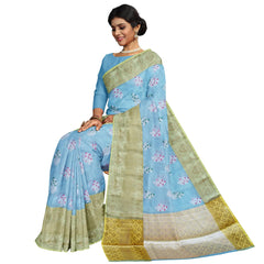 Talahi Collections Pastel Blue Floral Saree with Gold Jacquard Border - Party Wear Saree